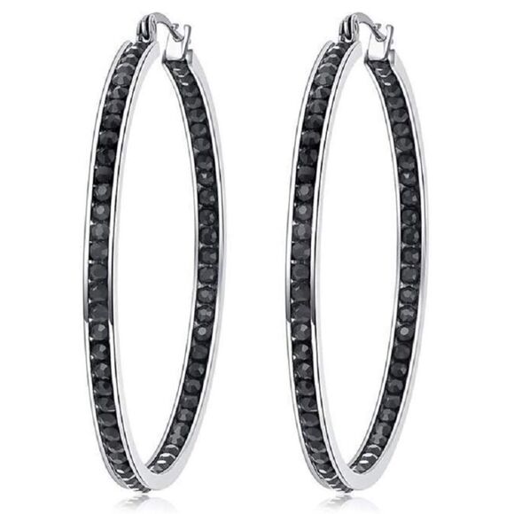 14K White Gold with Black Onyx Cubic Zirconia Big Hoop Latch Back Earrings - Picture 1 of 6